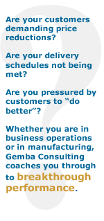 Are your customers demanding price reductions? Are your delivery schedules not being met?  Are you pressured to do better? Whether you are in business operations or in manufacturing, Gemba Consulting coaches you through to breakthrough performance! 